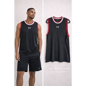 Under Armour Black Red Sleeveless Athletic Tank Jersey Men's Large Loose Fit
